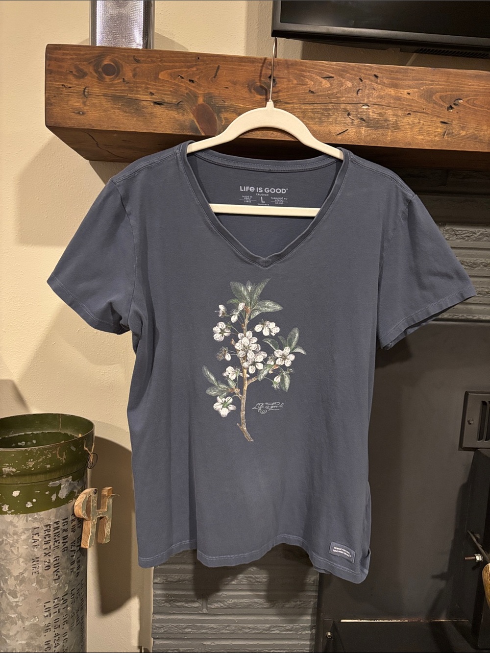 Life Is Good Women's Slate Blue V-Neck Tee with Floral Branch